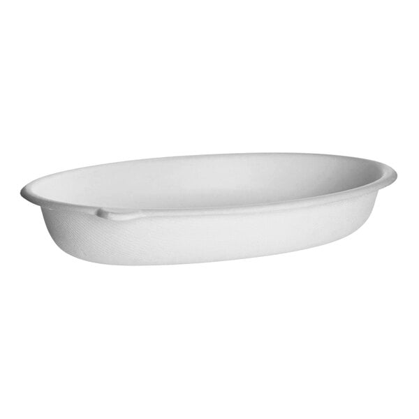A white oval bowl with a white background.