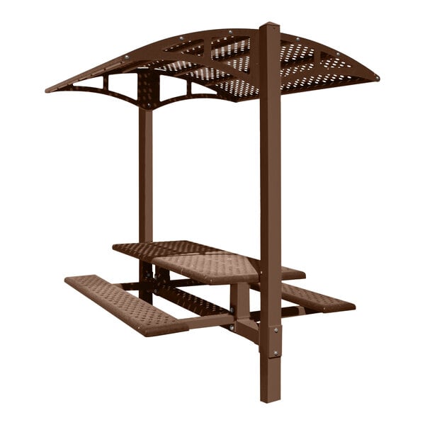 A brown Paris Site Furnishings picnic table with a canopy and basket weave perforations.