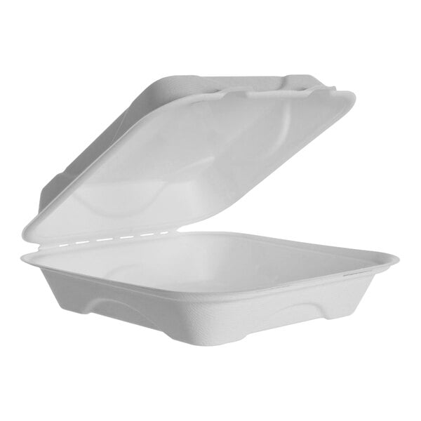 A white Eco-Products compostable clamshell container with an open lid.
