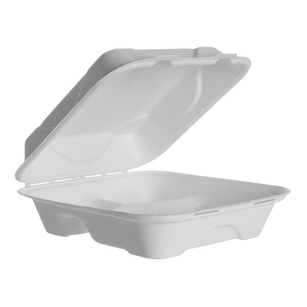 A white Eco-Products compostable clamshell container with 3 compartments.