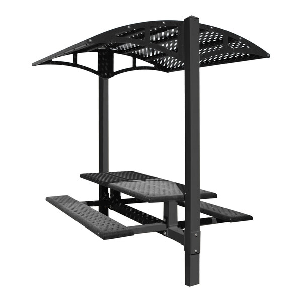 A Paris Site Furnishings black metal picnic table with a canopy and basket weave perforations.