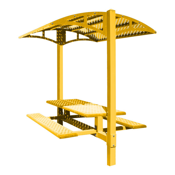 A Paris Site Furnishings yellow picnic table with canopy.