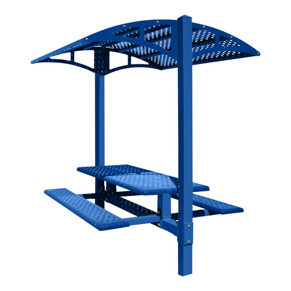 A Paris Site Furnishings blue picnic table with a canopy and basket weave perforations.