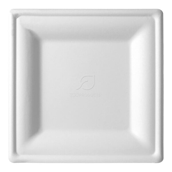 A white square Eco-Products plate with a black square border and logo.