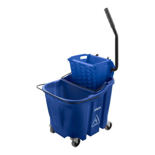 A blue San Jamar mop bucket with a handle.
