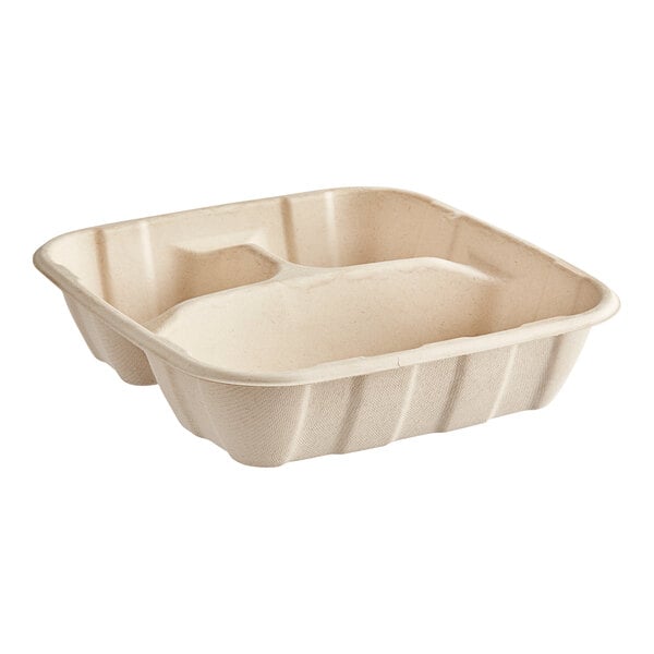 A white Stalk Market compostable fiber container with three compartments.