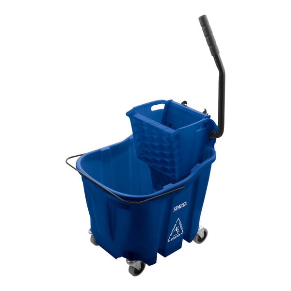 A blue plastic San Jamar mop bucket with wheels and a handle.