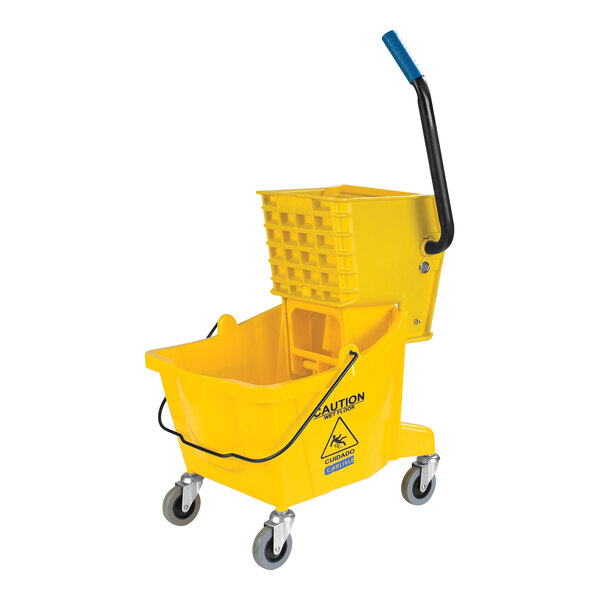 A yellow San Jamar mop bucket with a side press wringer.
