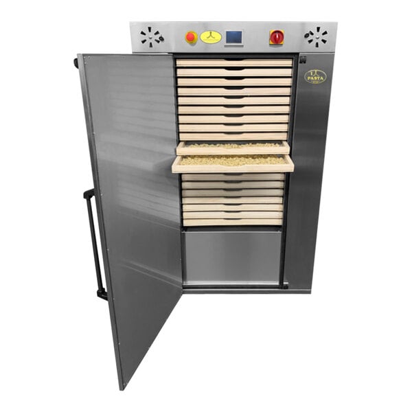 An Arcobaleno floor pasta dryer with 20 trays inside.