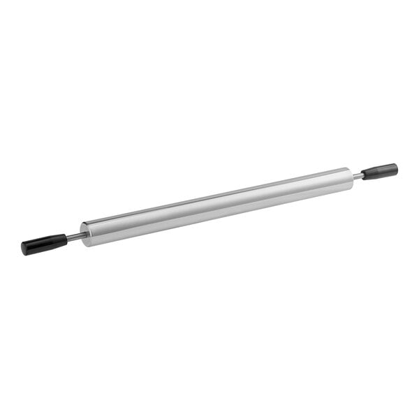 A stainless steel rolling pin with black handles.