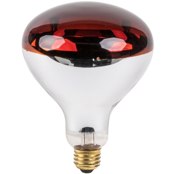 A close up of a Lavex 250 watt red infrared heat lamp light bulb with a red top.