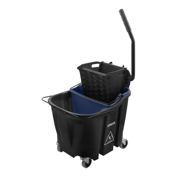 A black mop bucket with a handle and side press wringer.
