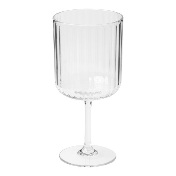 A Sophistiplate clear plastic wine glass with a stem.