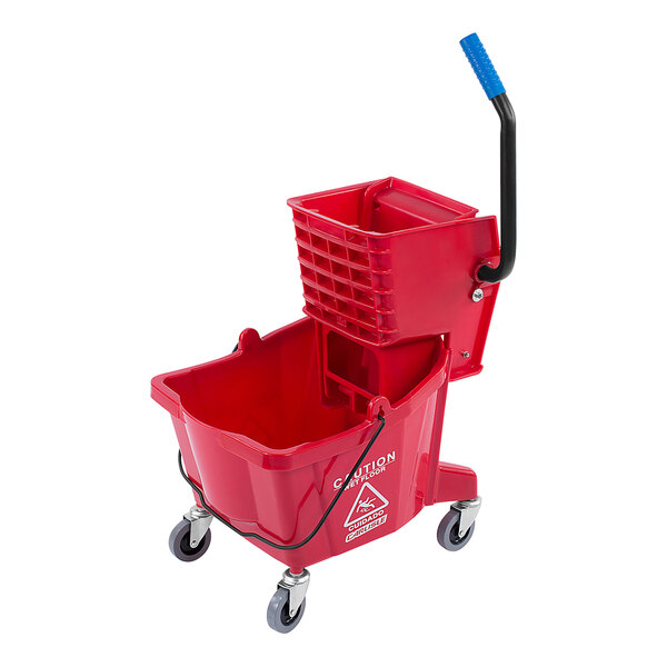 A red San Jamar mop bucket with a side press wringer.