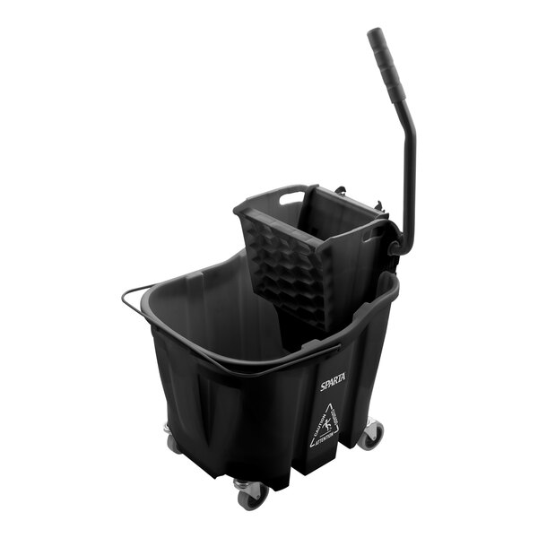 A black San Jamar mop bucket with a handle.