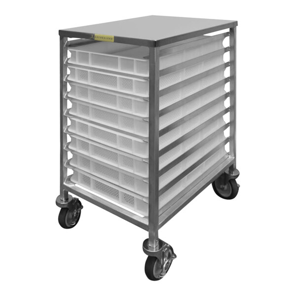 An Arcobaleno stainless steel pasta rack with 8 trays on wheels.