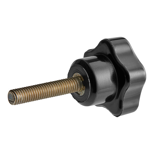 A black knob with a bolt on the end.