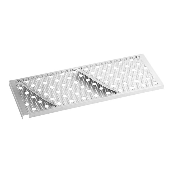 A white metal plate with holes.