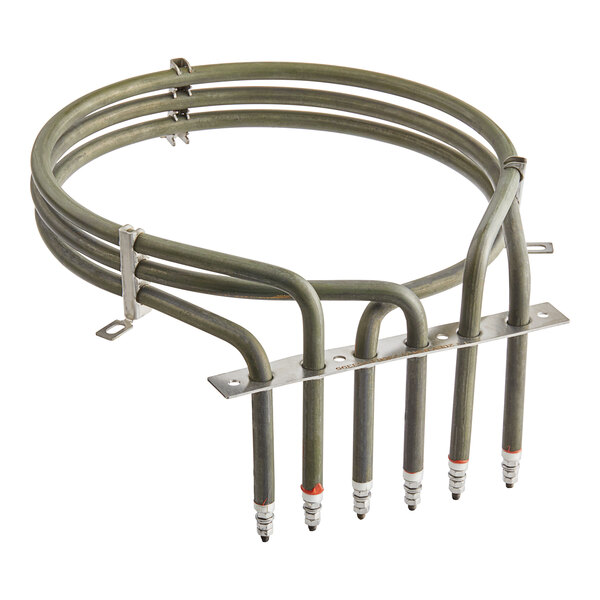 A circular metal heating element with metal tubes.