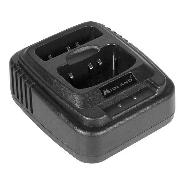 A black Midland BizTalk BDC200 desktop charger with two battery slots.