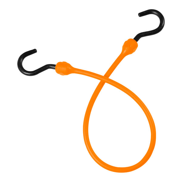 A Better Bungee orange polyurethane cord with overmolded black and orange hooks.