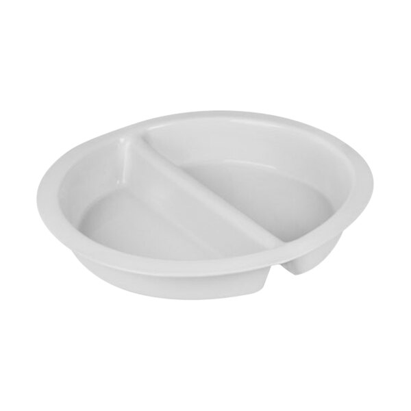 An Eastern Tabletop white porcelain dish with two compartments.