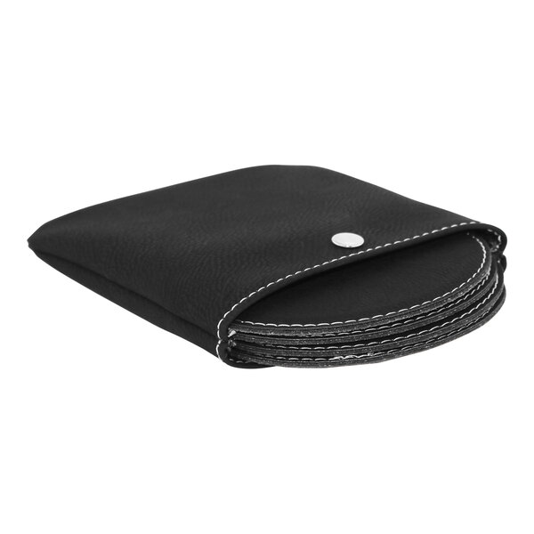 A black round leatherette coaster set in a black leather snap pouch with white stitching.