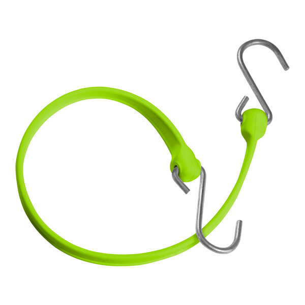 A green polyurethane Better Bungee strap with galvanized steel S hooks on each end.