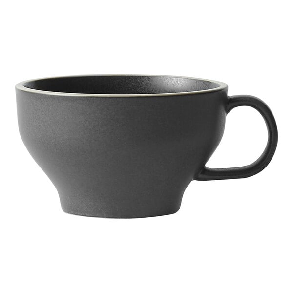 A black Oneida Moira stoneware cup with a handle.