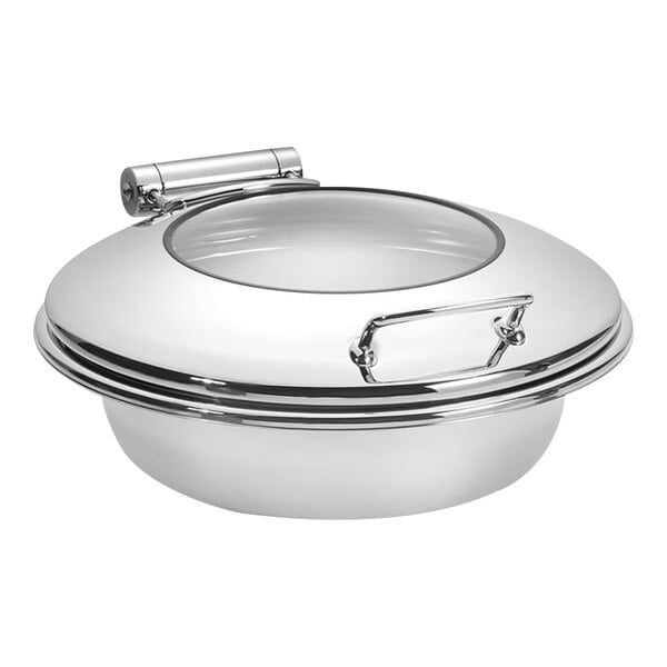 An Eastern Tabletop stainless steel round chafer with a glass lid.