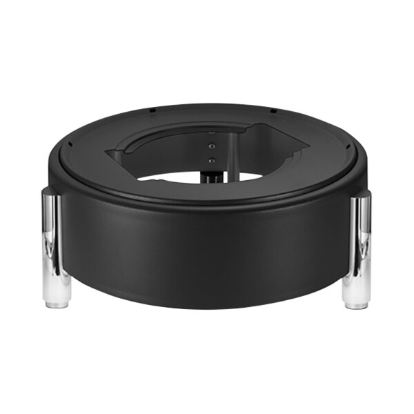 A black circular Eastern Tabletop chafer stand with silver legs.