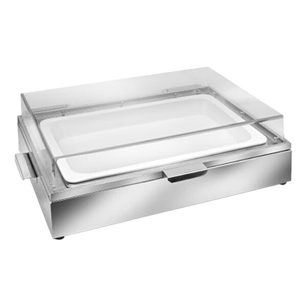A white rectangular Eastern Tabletop cold chafer with a clear lid.
