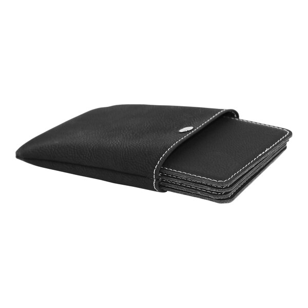 A black square leatherette wallet with white stitching and a silver button.