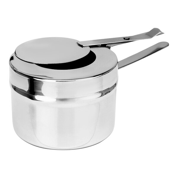 A silver stainless steel fuel holder with a lid.