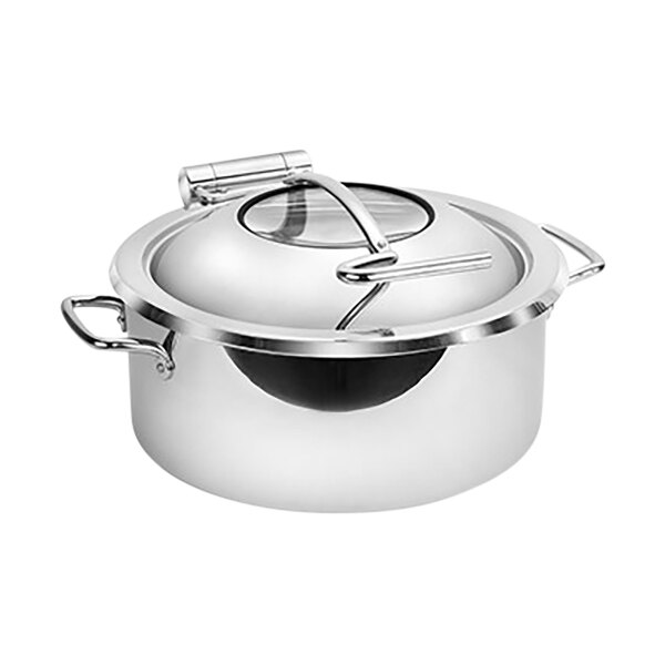 A silver stainless steel Eastern Tabletop Mini round chafer pot with a glass lid.