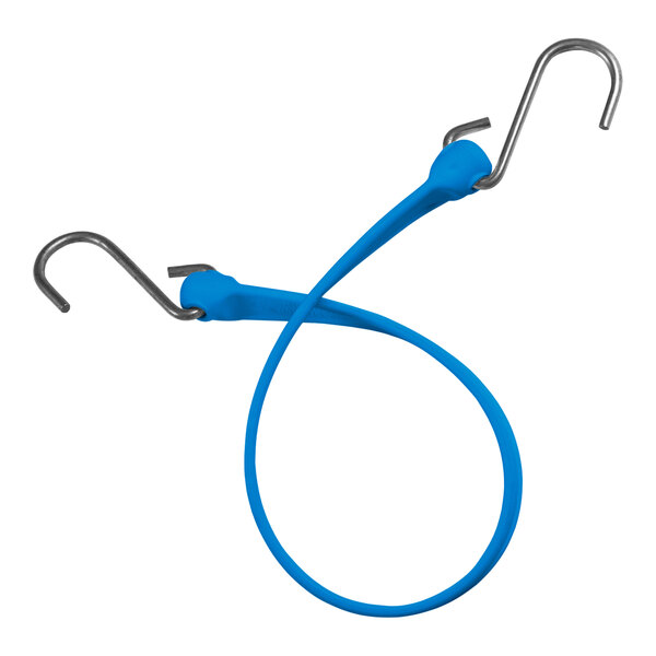 A blue rubber strap with stainless steel S hooks on the ends.