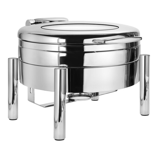 An Eastern Tabletop stainless steel chafer with a lid on a stand.