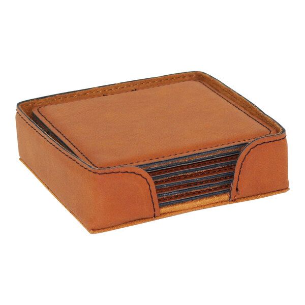 A brown leather Franmara coaster holder with coasters inside.