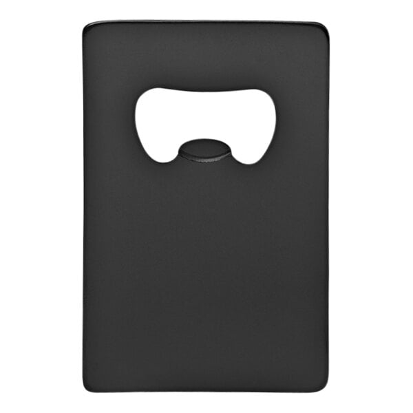 A black Franmara credit card shaped bottle opener with a hole in the handle.