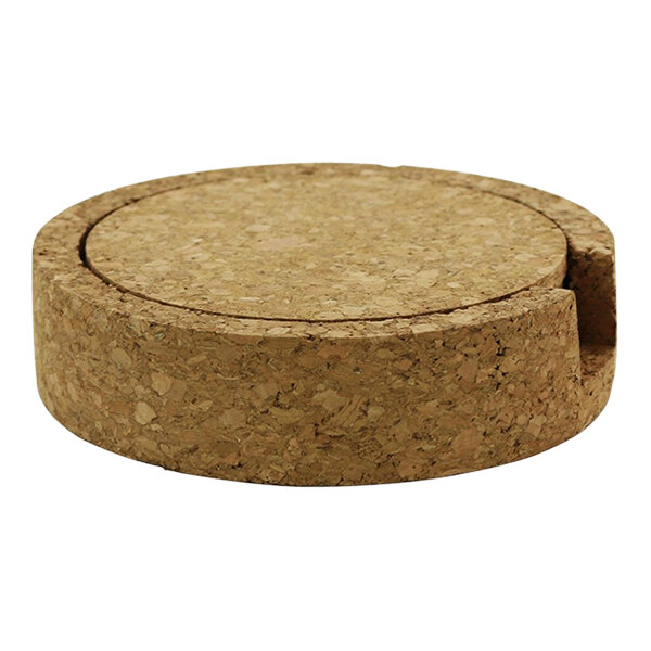 A Franmara round cork coaster with a circular hole in it.