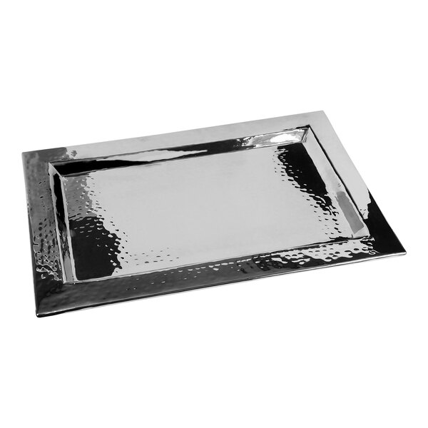 An Eastern Tabletop rectangular stainless steel tray with a hammered finish.