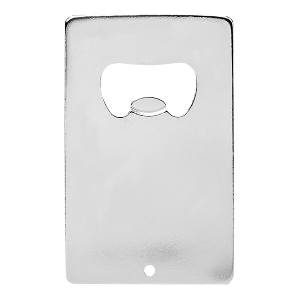 A white and silver Franmara aluminum credit card shaped bottle opener with a hole.