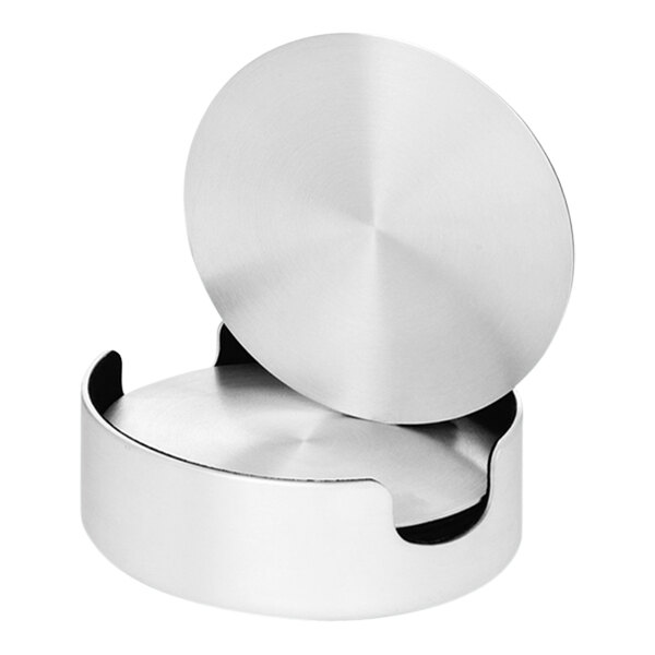 A Franmara round aluminum coaster set in a metal container with a lid.