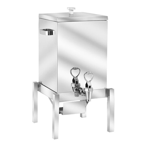 A silver metal Eastern Tabletop square coffee chafer urn with two handles and two faucets.