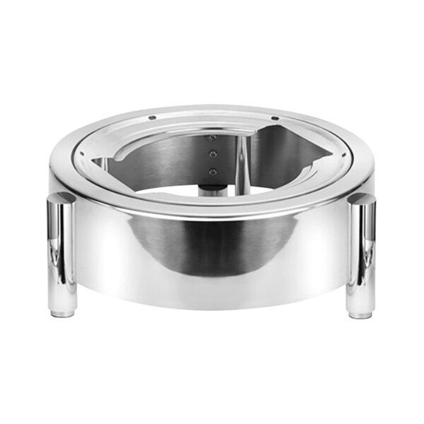 A round silver stainless steel chafer stand with legs.