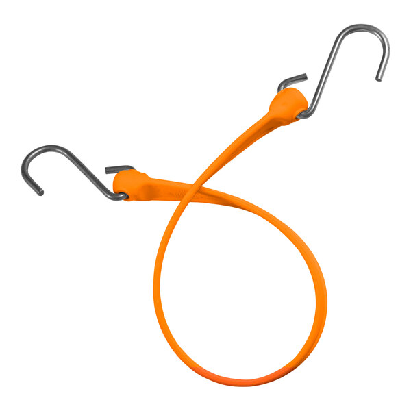 A pair of orange polyurethane straps with stainless steel hooks.