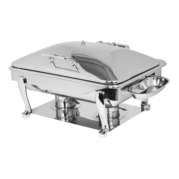 An Eastern Tabletop stainless steel chafer with a lid and bowl on a table.