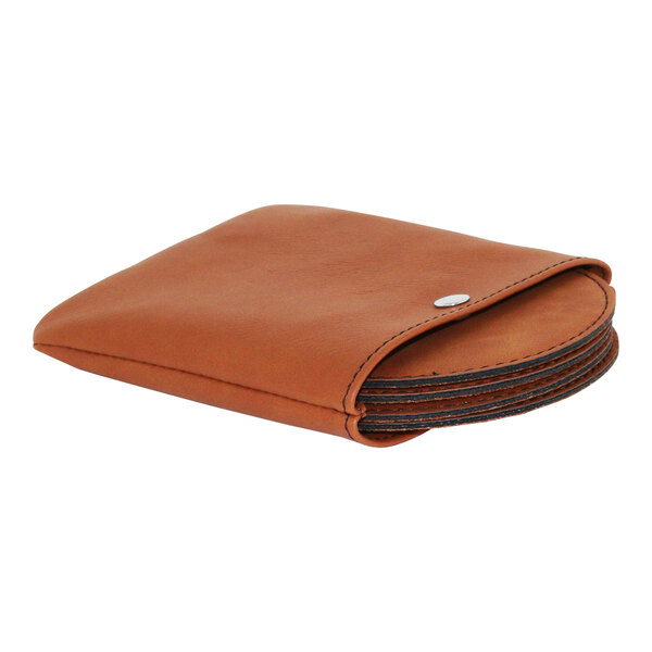 A brown leatherette coaster set with a snap pouch.