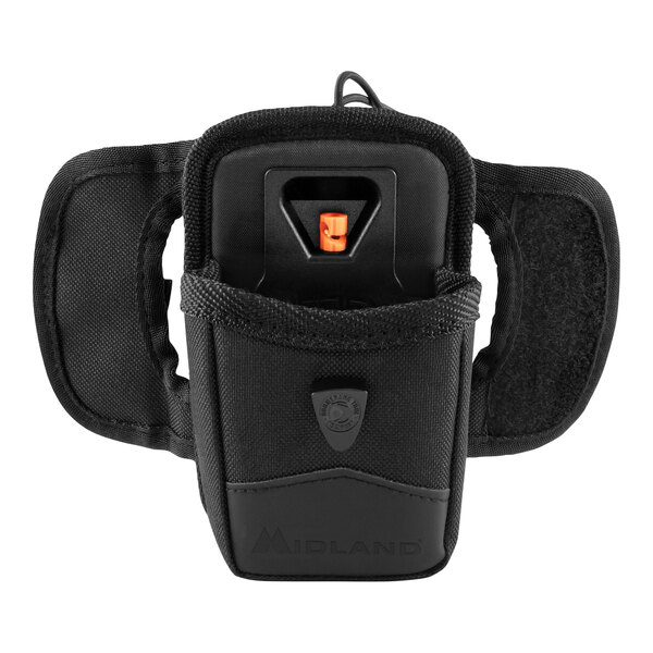 A black holster with a small pocket and a cord for a Midland BizTalk two-way radio.