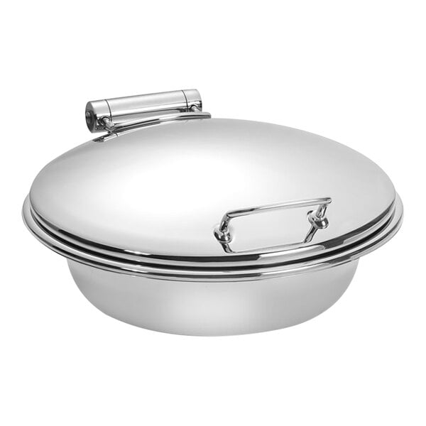 A silver round Eastern Tabletop Park Avenue chafer with a lid.